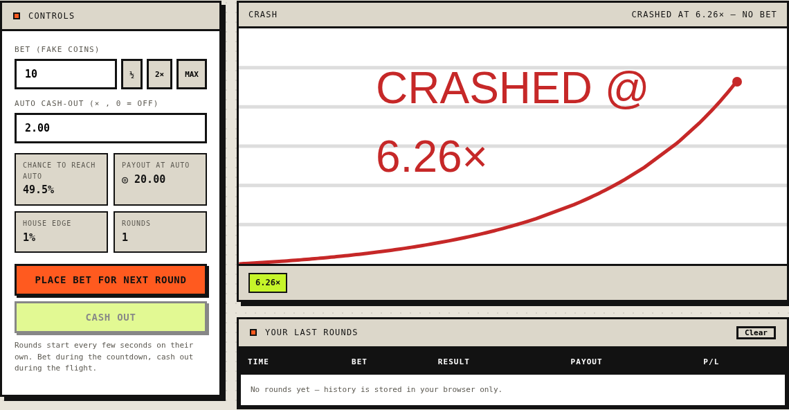 Crash simulator — live curve and auto cash-out