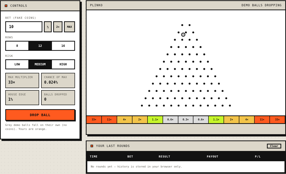 Plinko demo on SkinsRoll — fake coins, real odds