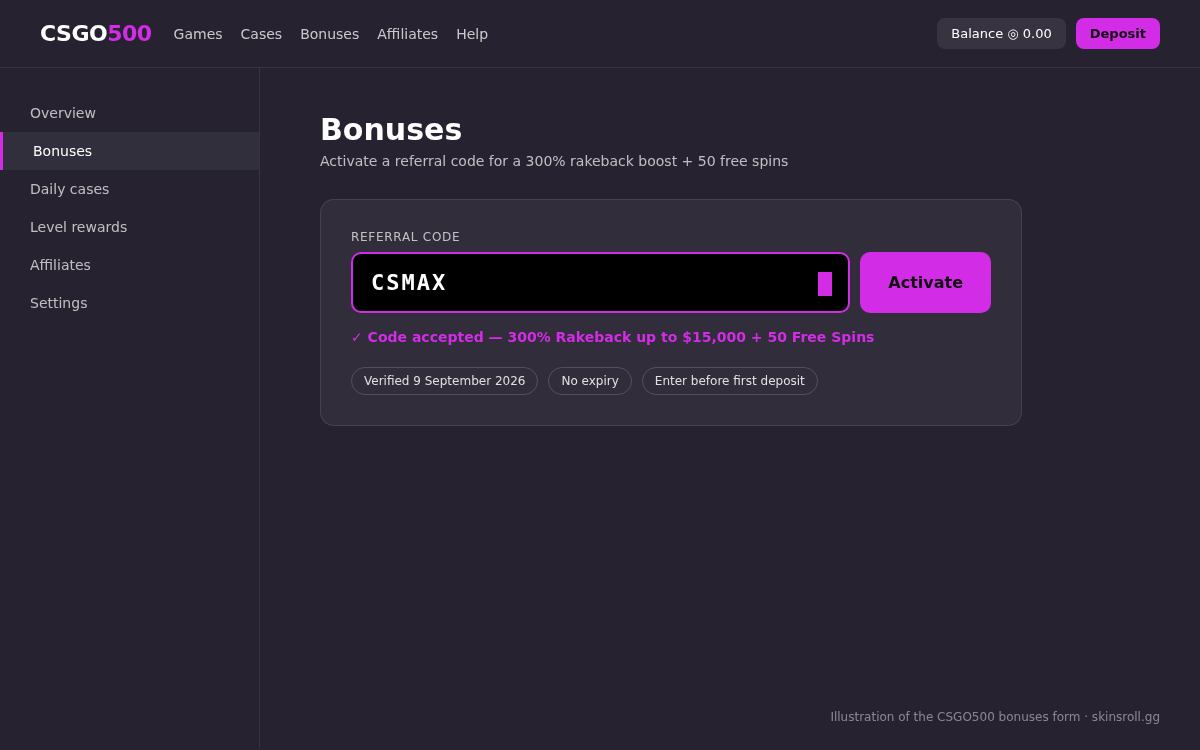 CSGO500 — where promo code CSMAX goes