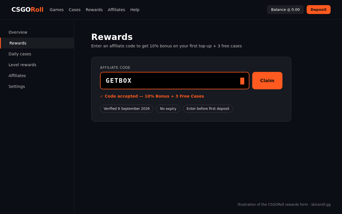 Where the CSGORoll code GETBOX goes — Rewards → Affiliate