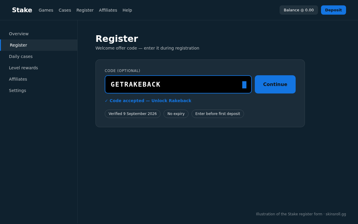 Stake welcome offer field with GETRAKEBACK entered